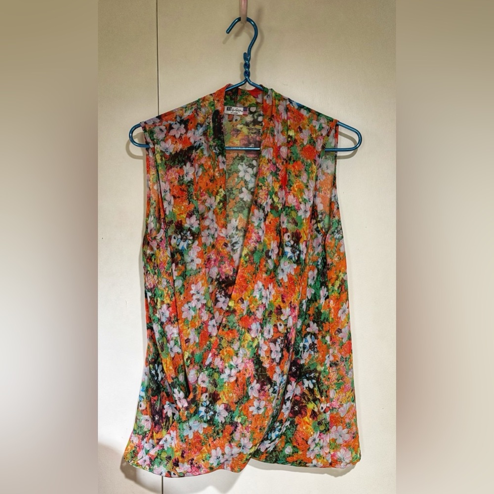 Kut from the Kloth Floral Sleeveless Orange Multi Wrap Blouse